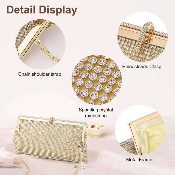 🆕Women Gold Polyester Crystal Rhinestone Evening Clutch Purse Crossbody Handbag - Picture 3 of 7